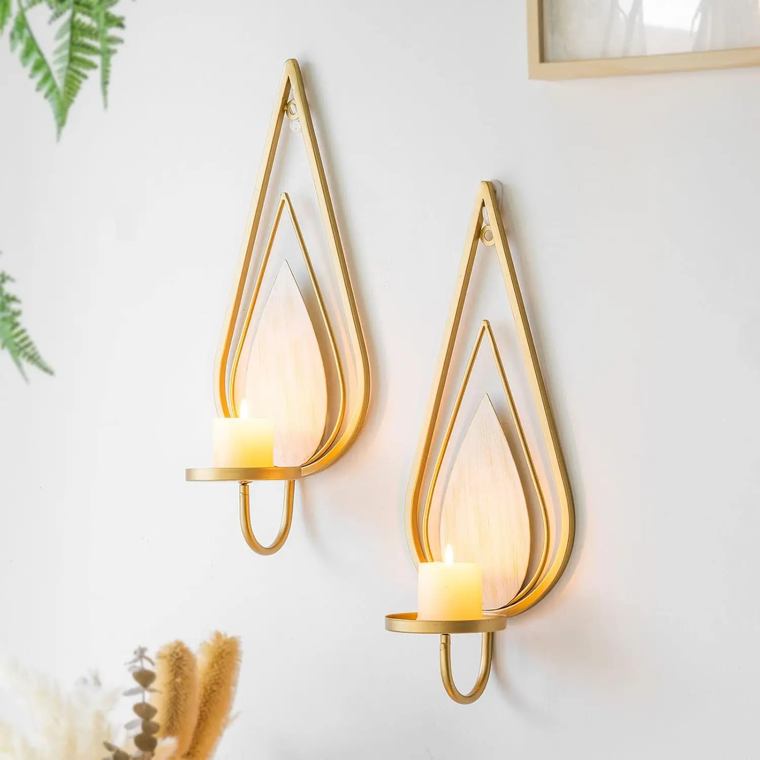 

Gold Wall Sconce Candle Holders Set of 2 - Metal Raindrop Hanging Iron Candle Sconces for Home Decor