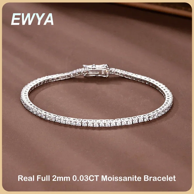 EWYA New In Real D Color Full 2mm 0.03CT Moissanite Tennis Bracelet For Women S925 Silver Plated 18K Diamond Link Bracelets Gift