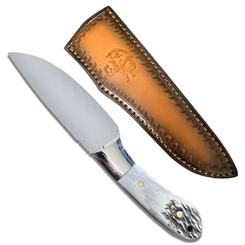 Damascus Steel Camping Knife Tactical Military Self Defense Hand Tools Deer Antler Handle Hunting Fixed Blade Knife for Men