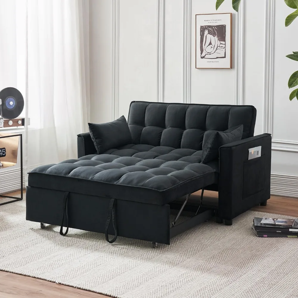 Sofá conversível com cama reversível, encosto reclinável, bolsos de armazenamento, inclui travesseiros, preto, dorminhoco de 54,8 ", 3 em 1