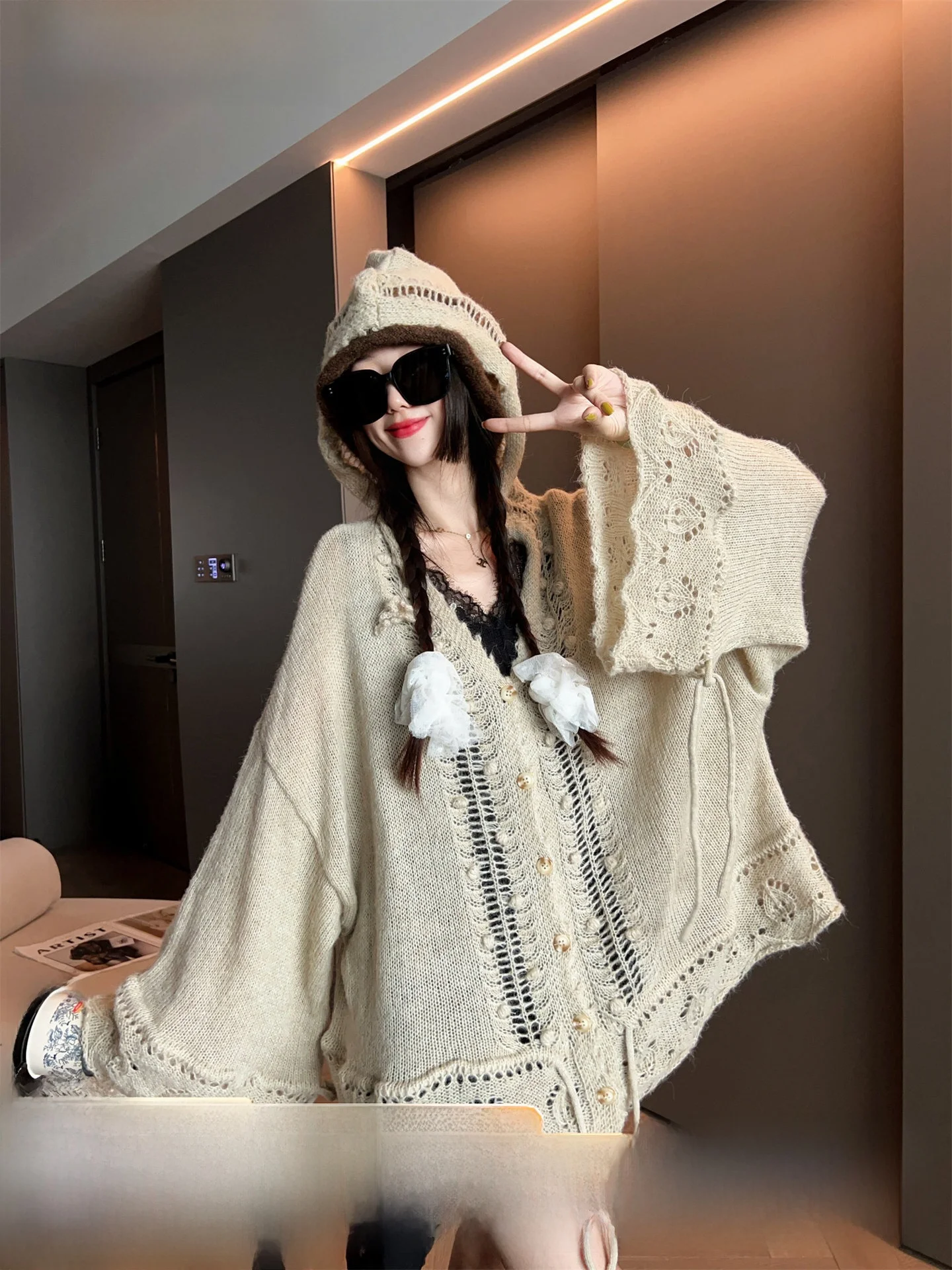 

Casual Loose Knitted Cardigan Sweater Women's Early Autumn 2025 New Sle Faionable Hooded Open Front Lazy Sle Top