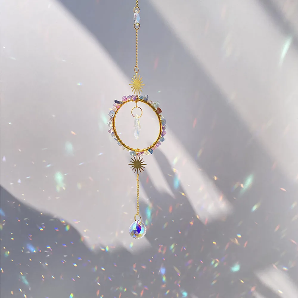 Custom Colorful Fluorite Chip Stone Ring SunCatcher - Celestial Sun Prism Hanging Ornament for Home Window Decor