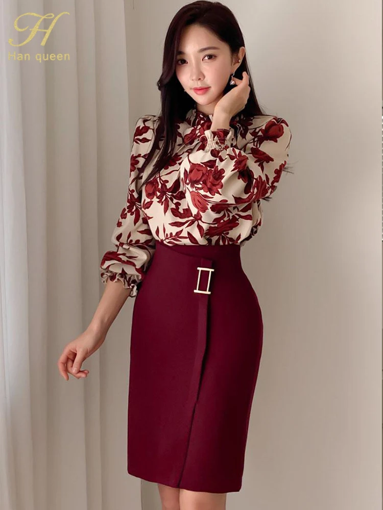 H Han Queen Hot Sale Women Spring Autumn Casual 2 Pieces Set Print Top + Simple Sheath Pencil Skirt Korean Profession Skirt Suit