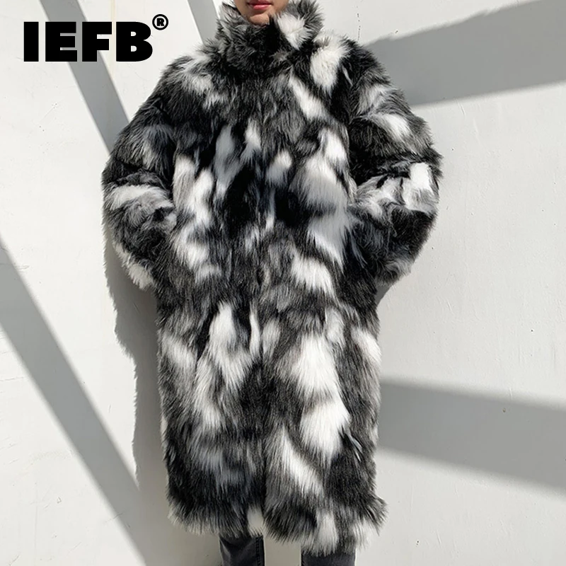 

IEFB Men's Long Coat Wear New Trendy Faux Fur Cotton-padded Fitwarm Windproof Cloak Hip Hop Trendy Contrast Color 9Y358