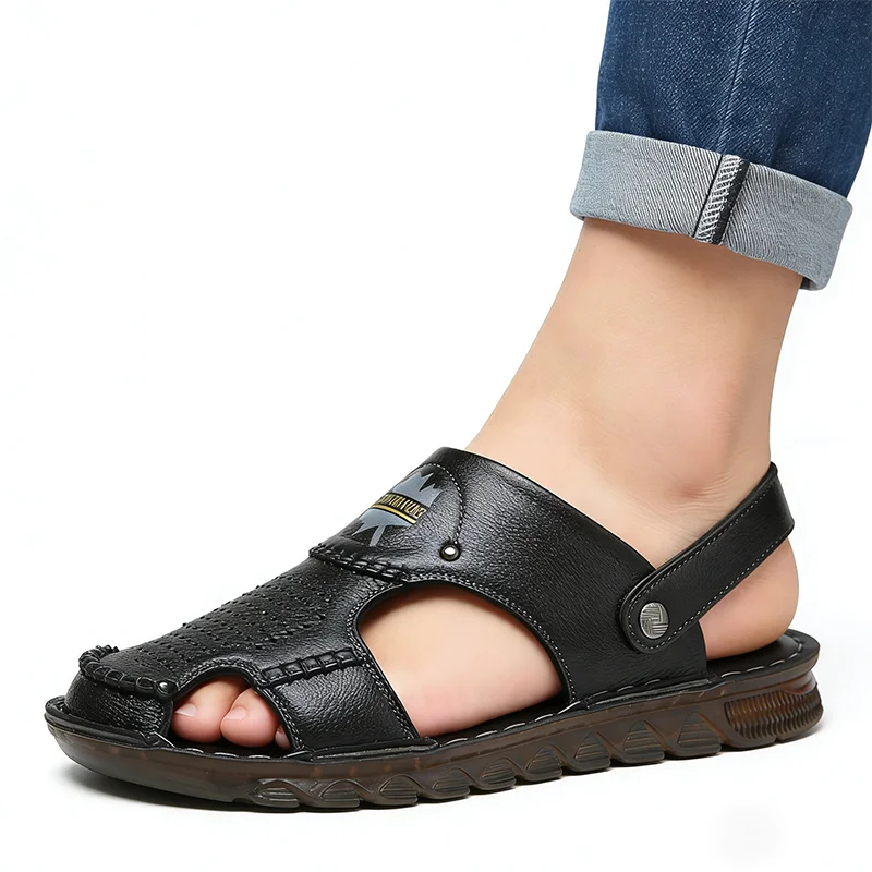 

100% Genuine Leather Summer Shoes Mens Sandals Fashion Brand Male Footwear Flat Non-slip Cow Leather Summer Holiday Shoes DX445