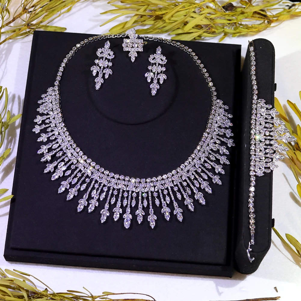 

Luxury Dubai Bridal Crystal Fringe Necklace 4 Piece Jewelry Sets For Women Wedding Cubic Zircon CZ Africa Accessories