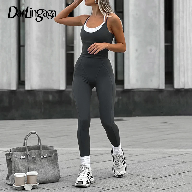 Darlingaga Spaghetti Strap Patched Skinny Stitched Sporty Chic Jumpsuit One Piece Streetwear Contrast Rompers Bodysuit Clothing