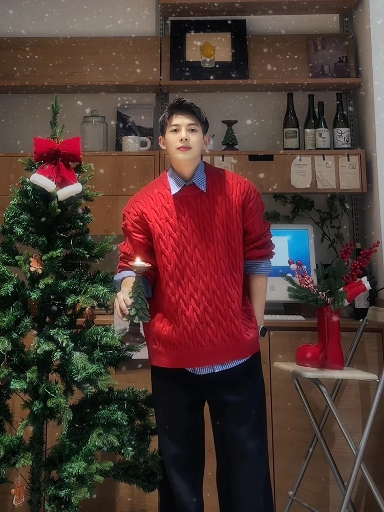 

Red Cisas Fair Isle Knitwear Men's Winter Thiened Fce Loose Lazy Sle round Ne Coat Cotton Polyester Blend