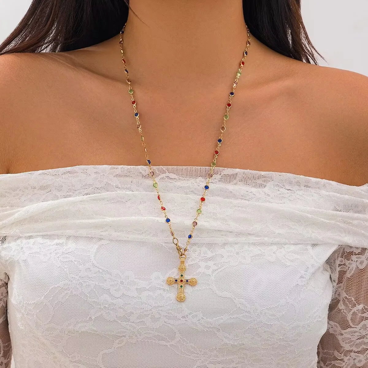 Y2K Fashion Boho Geometric Colored Crystal Chain Necklace For Women Female Vintage Gold Color Metal Cross Pendant Jewelry Gift