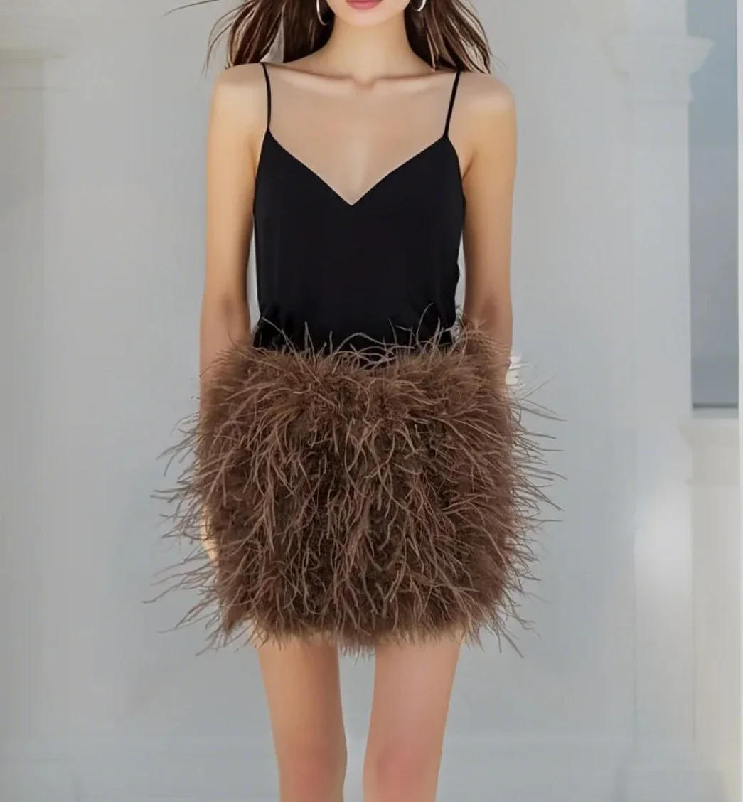 

Natural Ostrich Feather mini Skirt Elastic waist for women multicolour Furry Costume Party Sexy Clothing Club Luxury