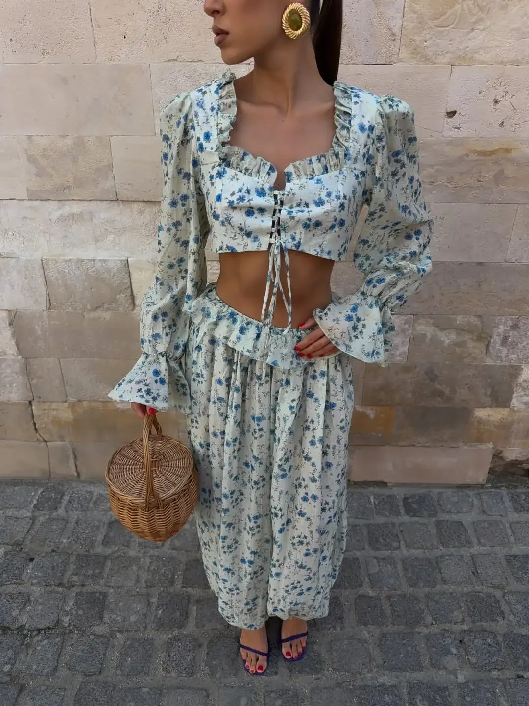 

Floral Print 2 Piece Sets Women Square Neck Puff Long Sleeve Crop Top High Waist Ruffle Cuffed Harem Pants Vacation Summer Set