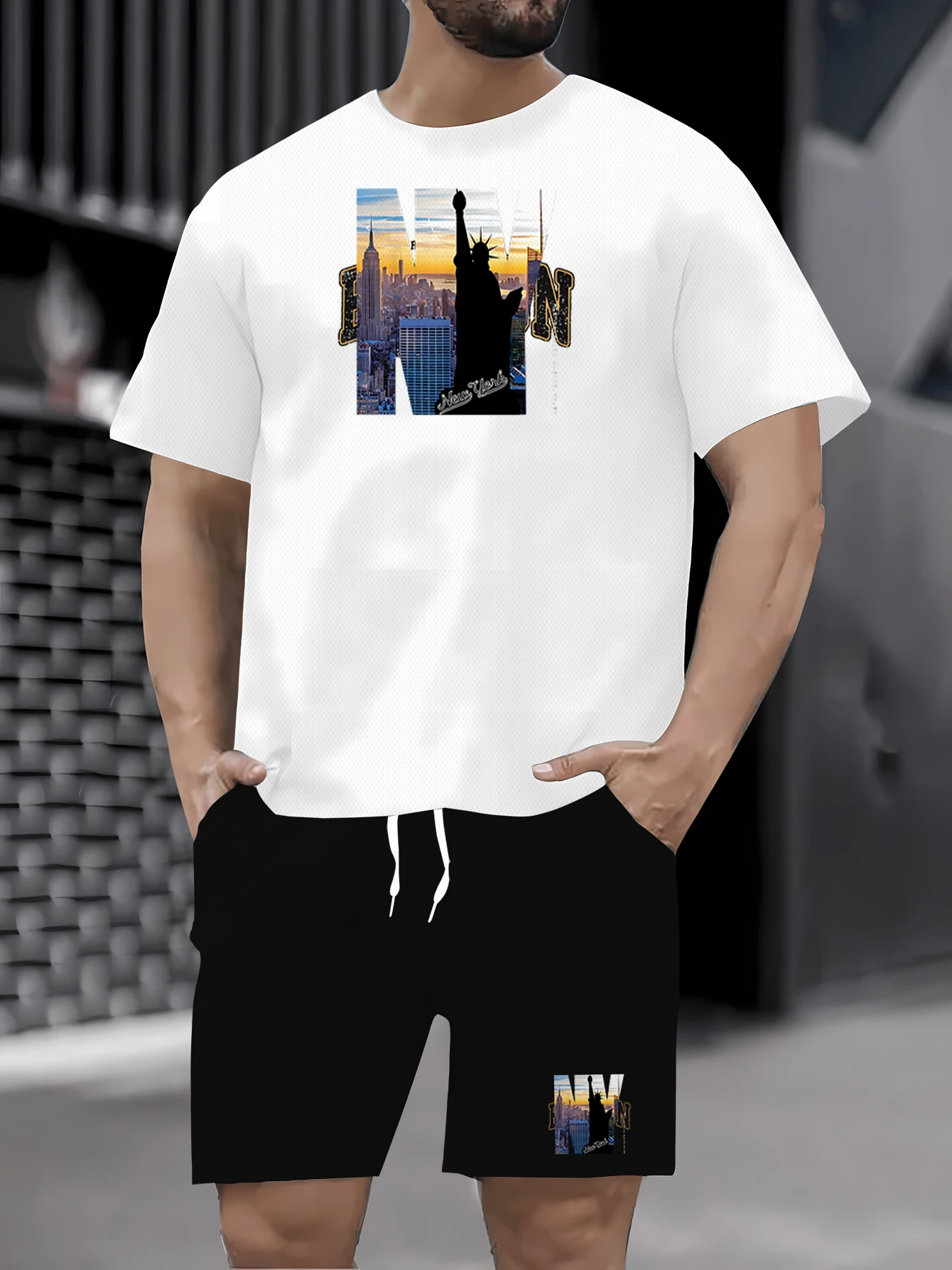 Sommer neues lässiges zweiteiliges Rundhals-Kurzarm-T-Shirt für Herren und Shorts mit Kordelzug, gestrickte Outdoor-Sportbekleidung