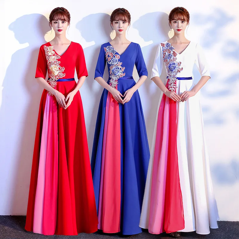 Chorus Costume Women's Long Dress Red Song Competition Slimming Recitation Party Choir Patriotic Performance