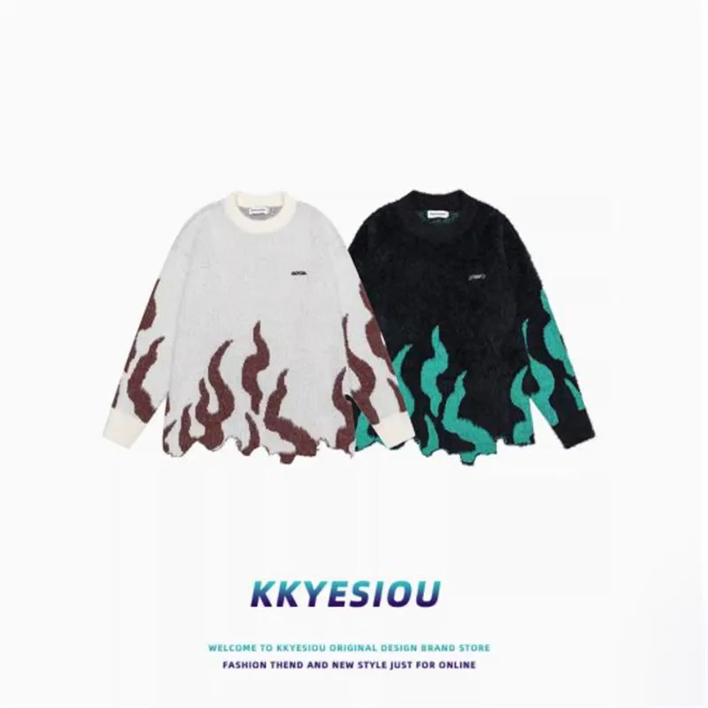 Man Women Sweater American Green Flame Letter Knit Sweater For Men And Women Oversized Hip-hop Couple Pullover