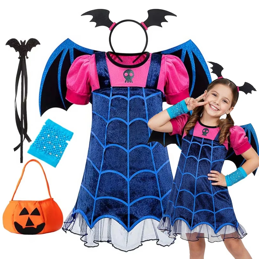 Vampire Bat Cosplay Dress for Girl Kids Charms Dress Up with Wings Headband Halloween Costume Carnival Party Clothes 1-12Yrs
