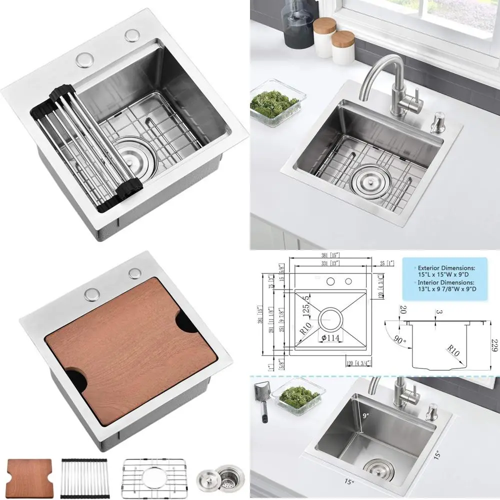 

15 Inch Drop-In Stainless Steel Bar Sink with Cutting Board for Small Kitchens and Outdoor RV Use