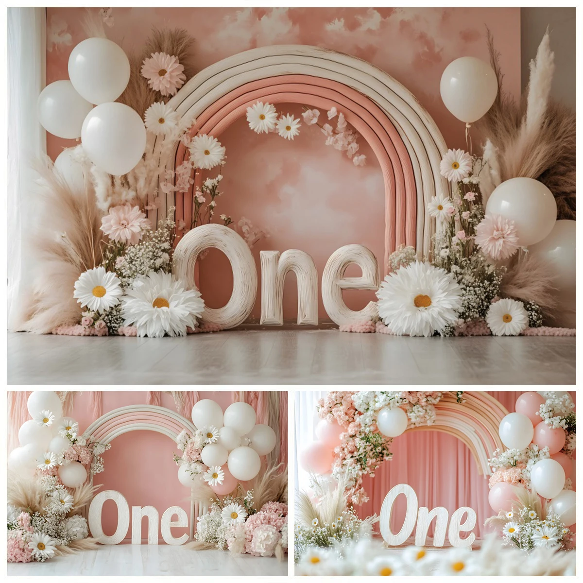 

Arch Rainbow Pink Backdrop White Balloon Daisy Flower Newborn Birthday Party Baby Shower Portrait Photography Background Banner