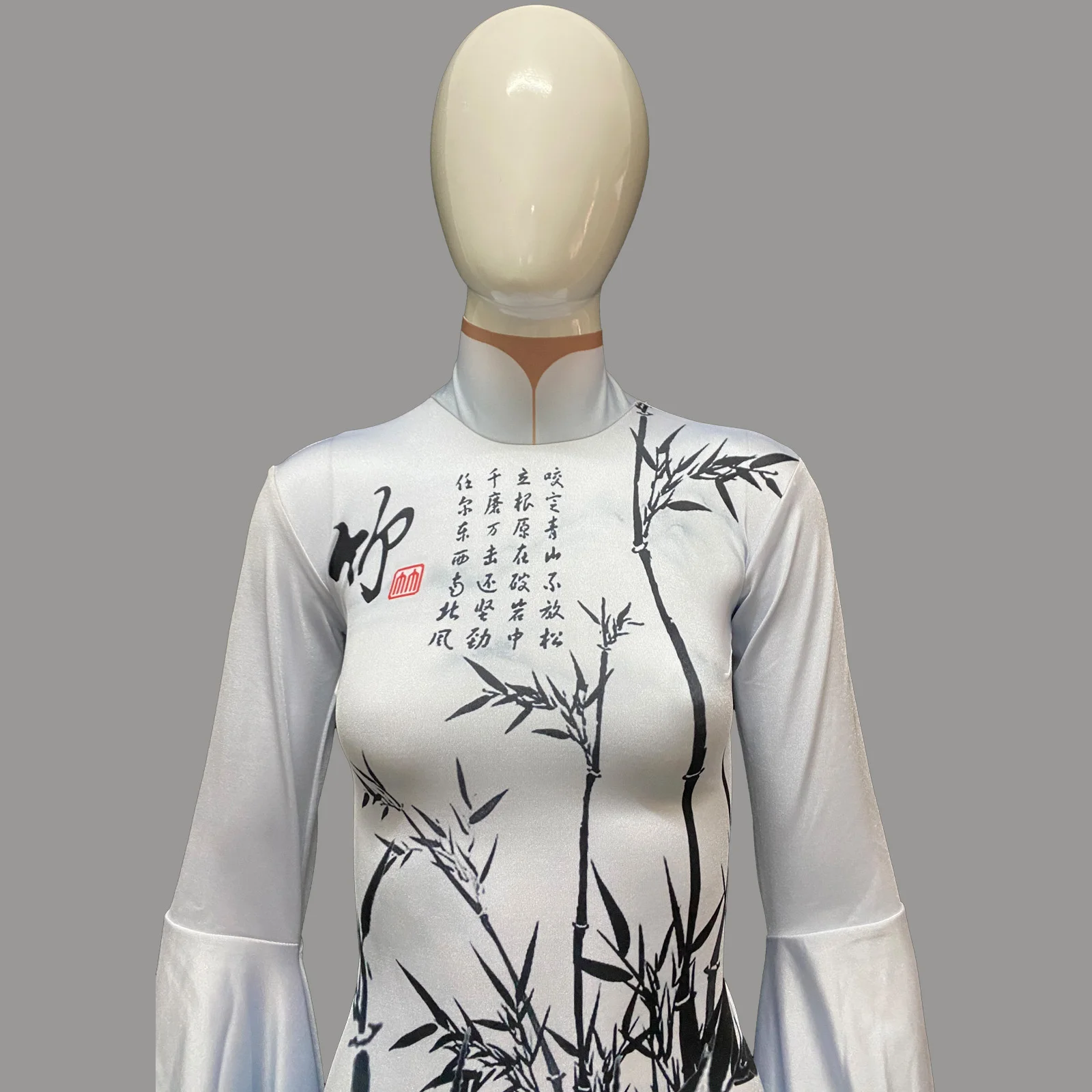 

Stand Collar Blue White Gradient Bamboo Pattern Long Sleeve Slit Wedding Dinner Daily Retro Cheongsam Qipao Wedding