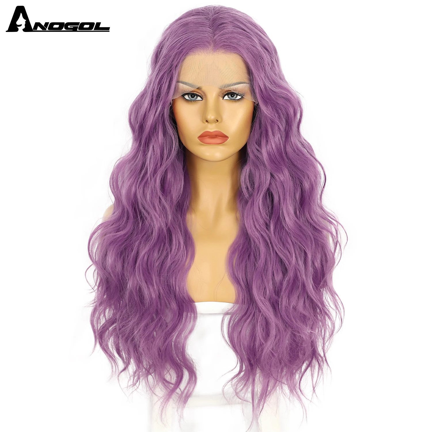 ANOGOL Synthetic Wig 13X3 Deep Wave Closure Lace Front Wigs Heat Resistant Curly Glueless Purple Long Wig for Women Brazilians