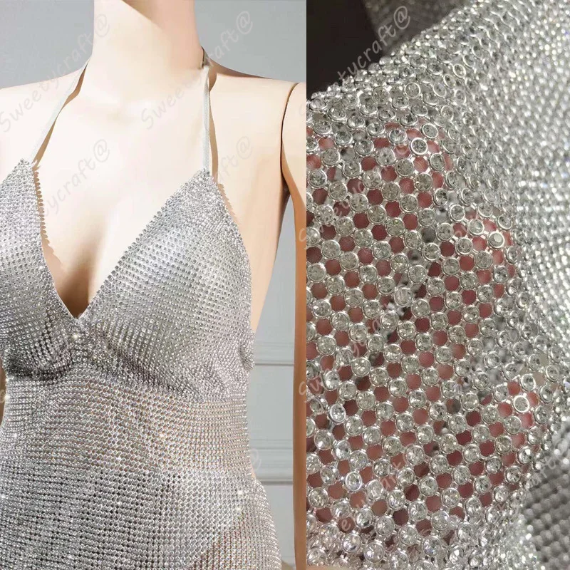 45*120 cm Silver Rhinestone metal mesh fabric Crystal metallic Sequin Beaded cloth Sheet Aluminum for Women Party Club Dress