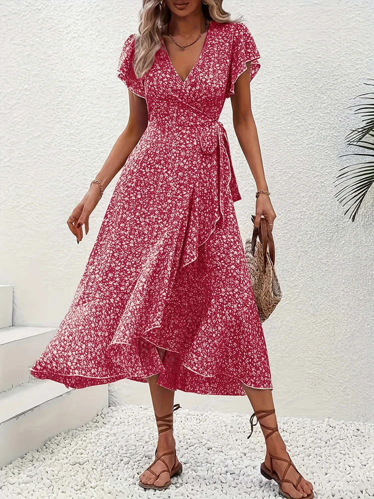 Robe d'été à lacets imprimée pour femmes, robes florales, robes à manches courtes, robes décontractées, robe de vacances, vêtements pour femmes, nouvelle collection