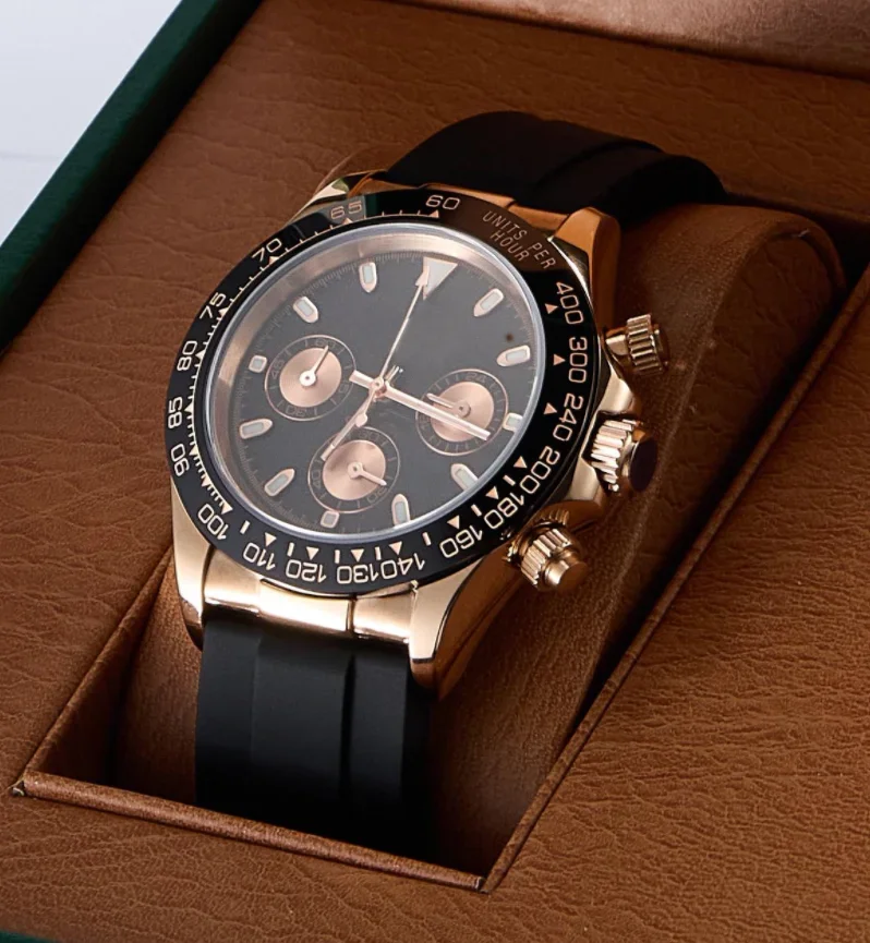 Rose gold VK63 Watch 39.5MM Quartz Chronograph watch+Rubber Strap Sapphire Glass Three Eyes Quartz Movement