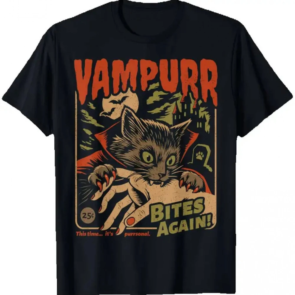 Image of Vampurr beißt erneut! Lustiges Katzen-Halloween-T-Shirt mit Vintage-Grafik, Sommer, kurzärmelig, atmungsaktiv, schweißableitend, vielseitig, trendig