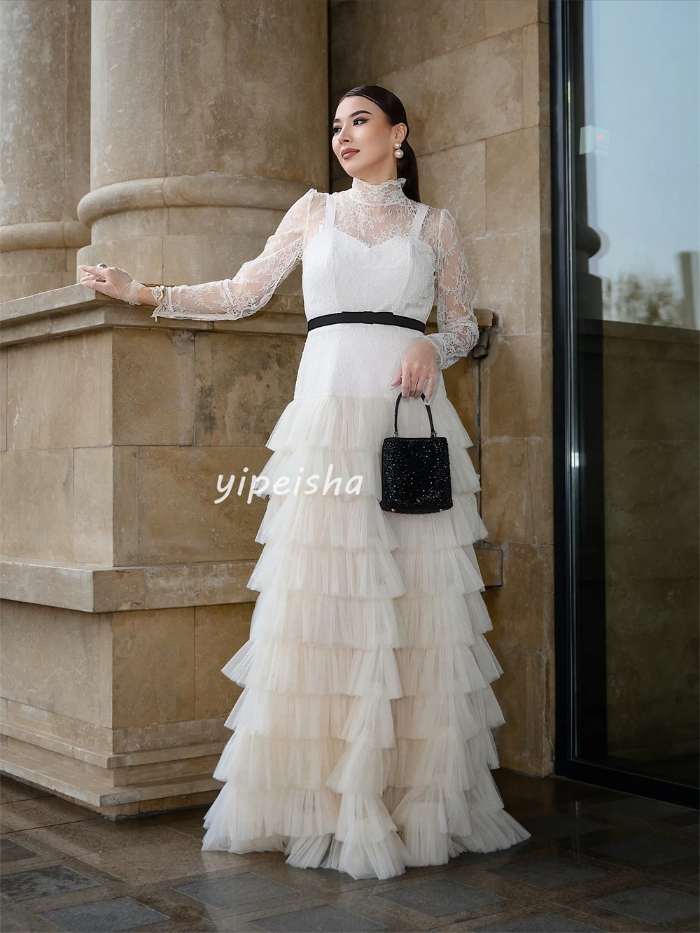 Personalizado de alta qualidade formal tule renda em camadas faixa a linha gola alta vestidos longos sob medida vestidos ocasião estilo moderno sexy