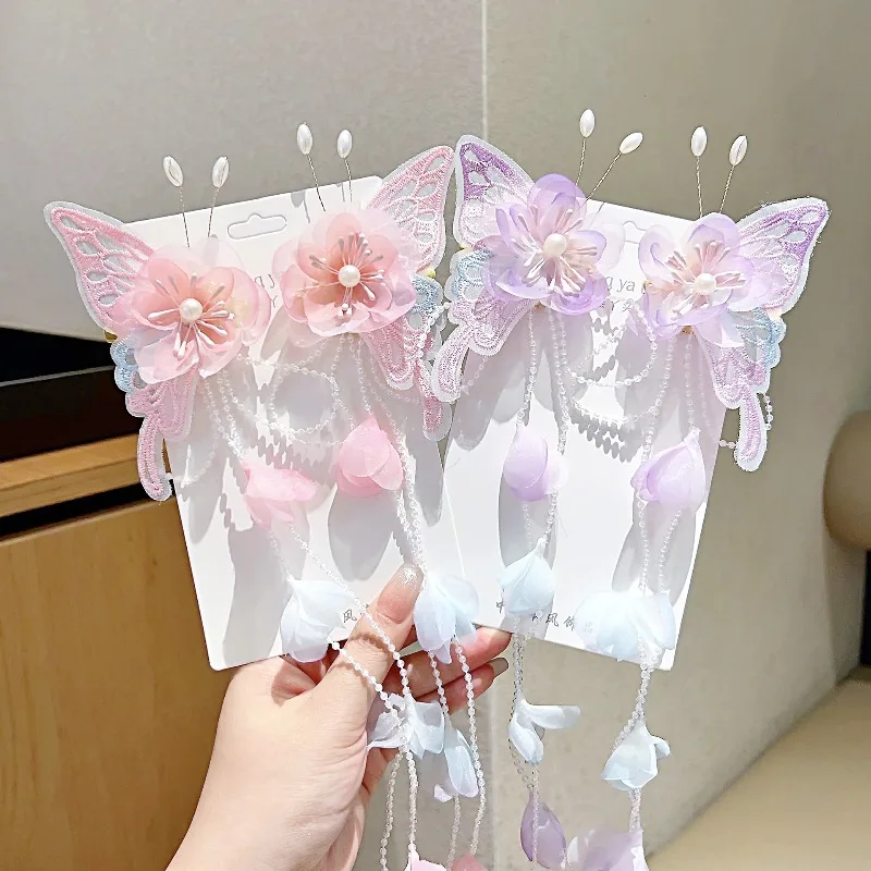 1 زوج طفل الفتيات Hanfu أغطية الرأس فراشة الشريط شرابة دبوس الشعر للأطفال النمط الصيني مشبك شعر إكسسوارات شعر الأميرة