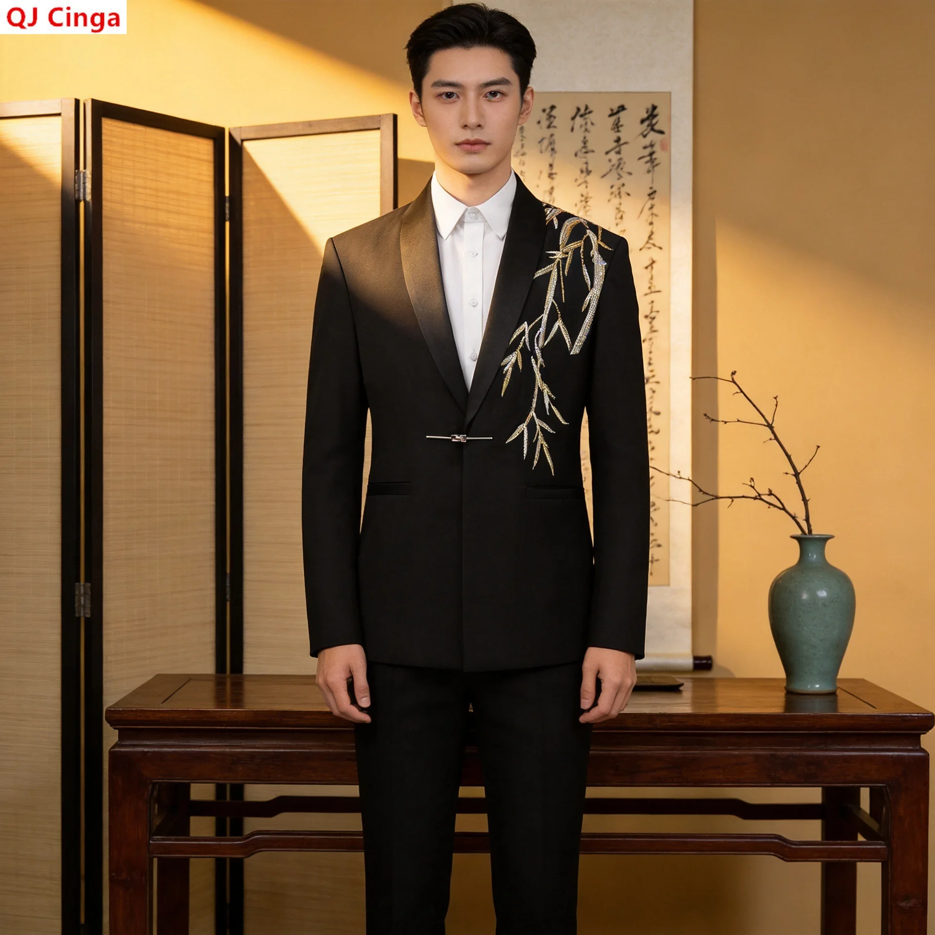 Chinese-style Men's Two-piece Suit Set, Featuring A Black Single-breasted Stand-up Collar Blazer Paired with Slacks. Asian Sizes