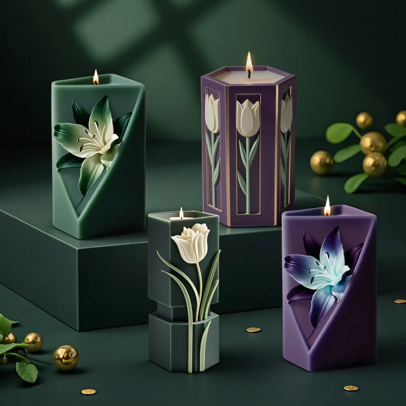 

3pcs Geometric Lily Candle Mold Silicone - DIY Floral Scented Candles & Botanical Aroma Stones for Elegant Home Decor & Gifts