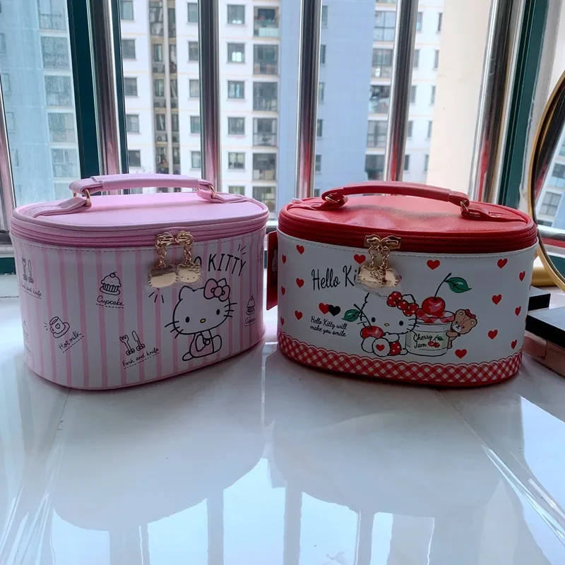 Sanrio Hello Kitty Makeup Bag Kawaii Anime Portable Handbag Cute Bow Pu Waterproof Cosmetic Cases Largecapacity Wash Storage Bag