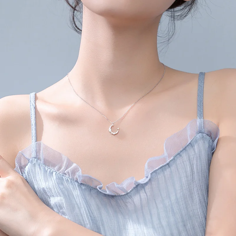 

Genuine 925 Sterling Silver Moon Pendant Necklace for Women Fine Jewelry Fashion Women's Gift Clavicular Chain demandes