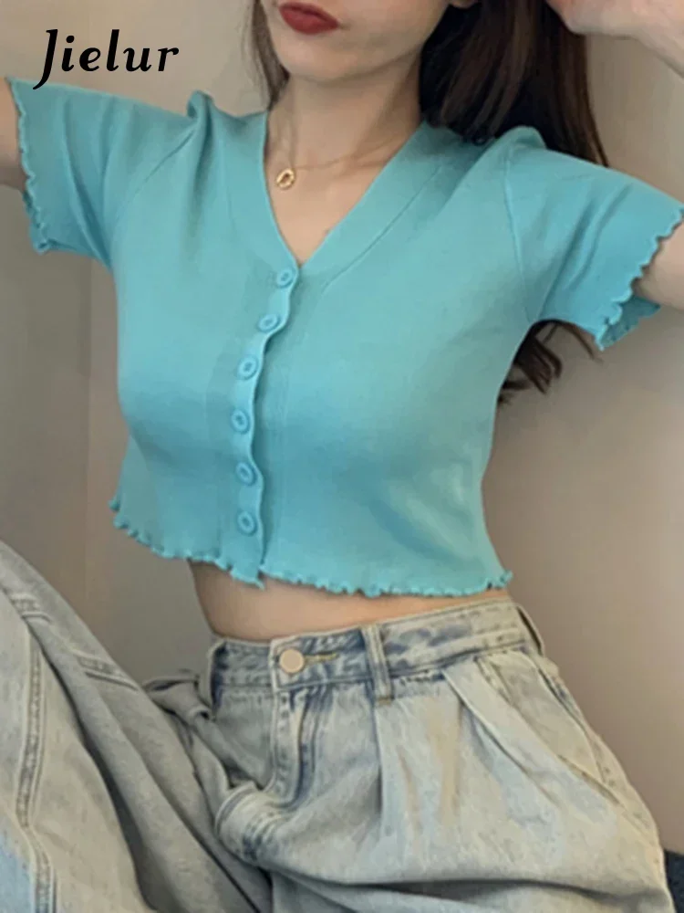 Jielur 뜨개질 v 넥 퓨어 컬러 셔츠 간단한 반팔 캐주얼 오피스 레이디 싱글 브레스트 퍼플 화이트 기본 여성 셔츠