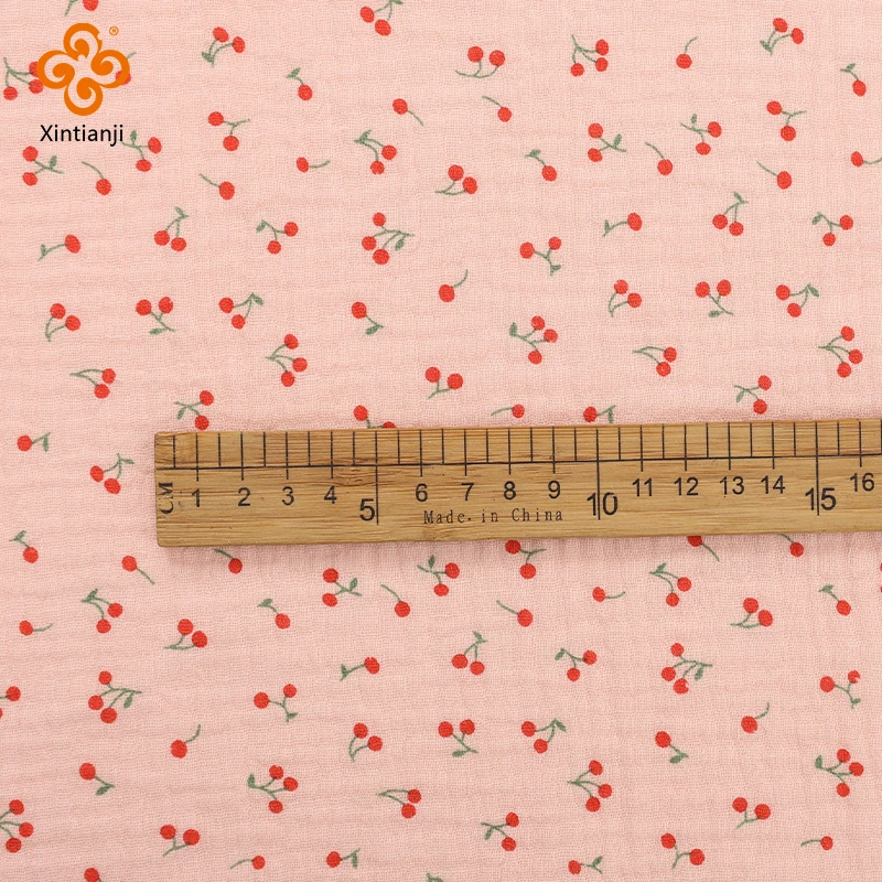 1m/2m/5m Cotton Crepe Fabric Cute Pink Cherry Print Double Layer Gauze Children Pajamas Quilt Fabric DIY Sewing Blanket Material