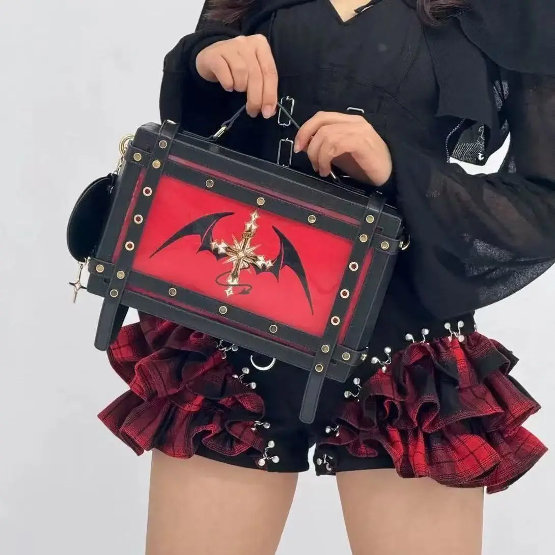 

JIAERDI Hot Girl Dark Style Punk Tote Bag Women Rivet Leather Square Shoulder Bag Ladies Gothic Lolita Bat Handbag Crossbody Bag