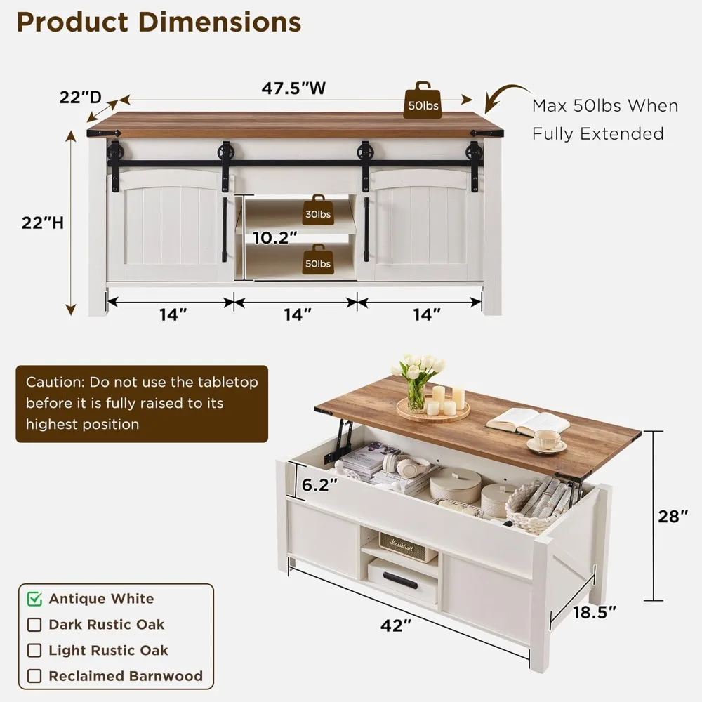 Farmhouse Lift Top Coffee Table with Sliding Door, 48" Large Rustic Center Table with Hidden Storage Compartment, Lifting Ta