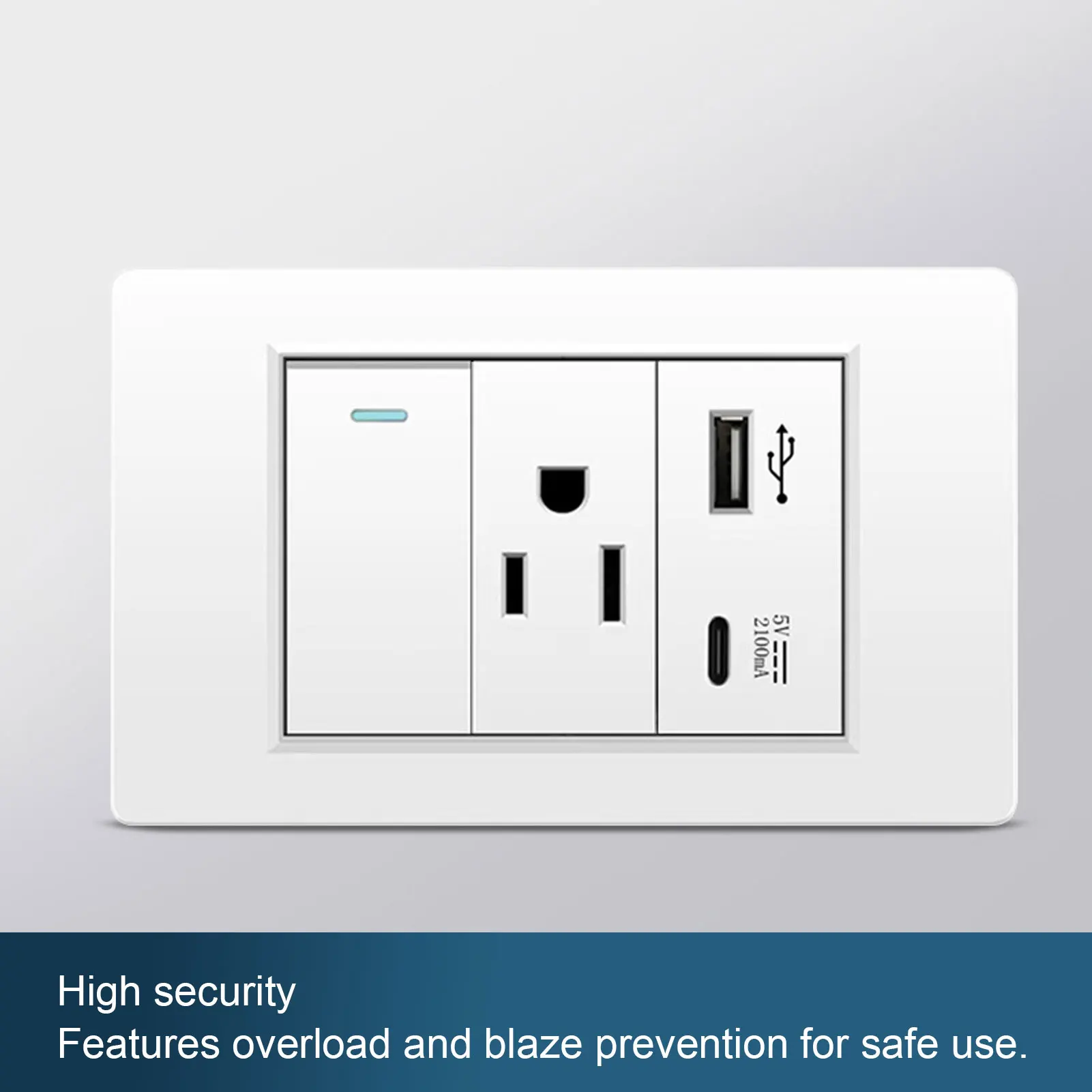 Wall Outlet Wall Outlet with Single Control  15A 3 Prong AC 10W USB Type C 2.1A Port Wall Receptacle Outlet