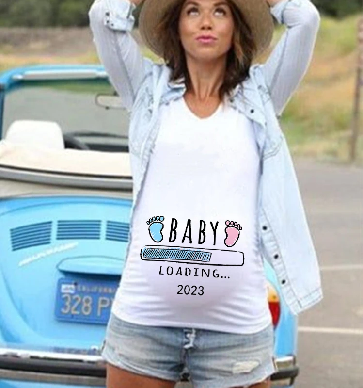 Baby Loading 2023 Print Pregnant T Shirt Maternity Short Sleeve T-shirt Pregnancy Announcement Shirt New Mom Tshirts Clothes Top