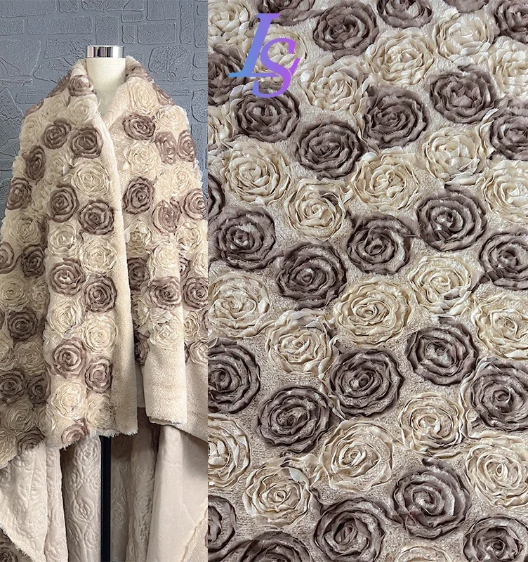 Autumn and Winter New Khaki Flower Velvet Embroidered Fabric Padded Plush Coat Jacket Fashion Designer Fabric.