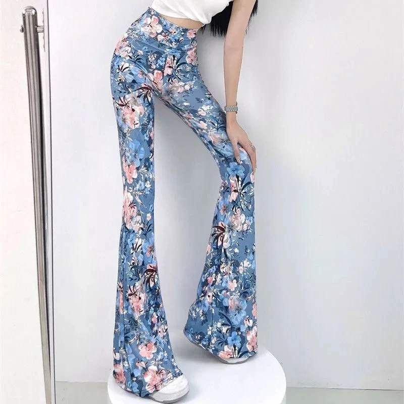 Fashion Bell Bottoms Bag Hip Slim Personality High Waist Printed Stretch Pants Yoga Fitness Flower Pants Women