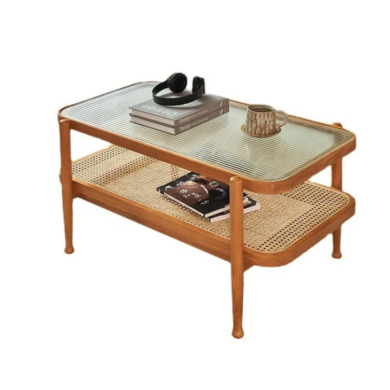

Solid wood rattan coffee table ash wood double-layer tea table modern simple home living room glass small tea table