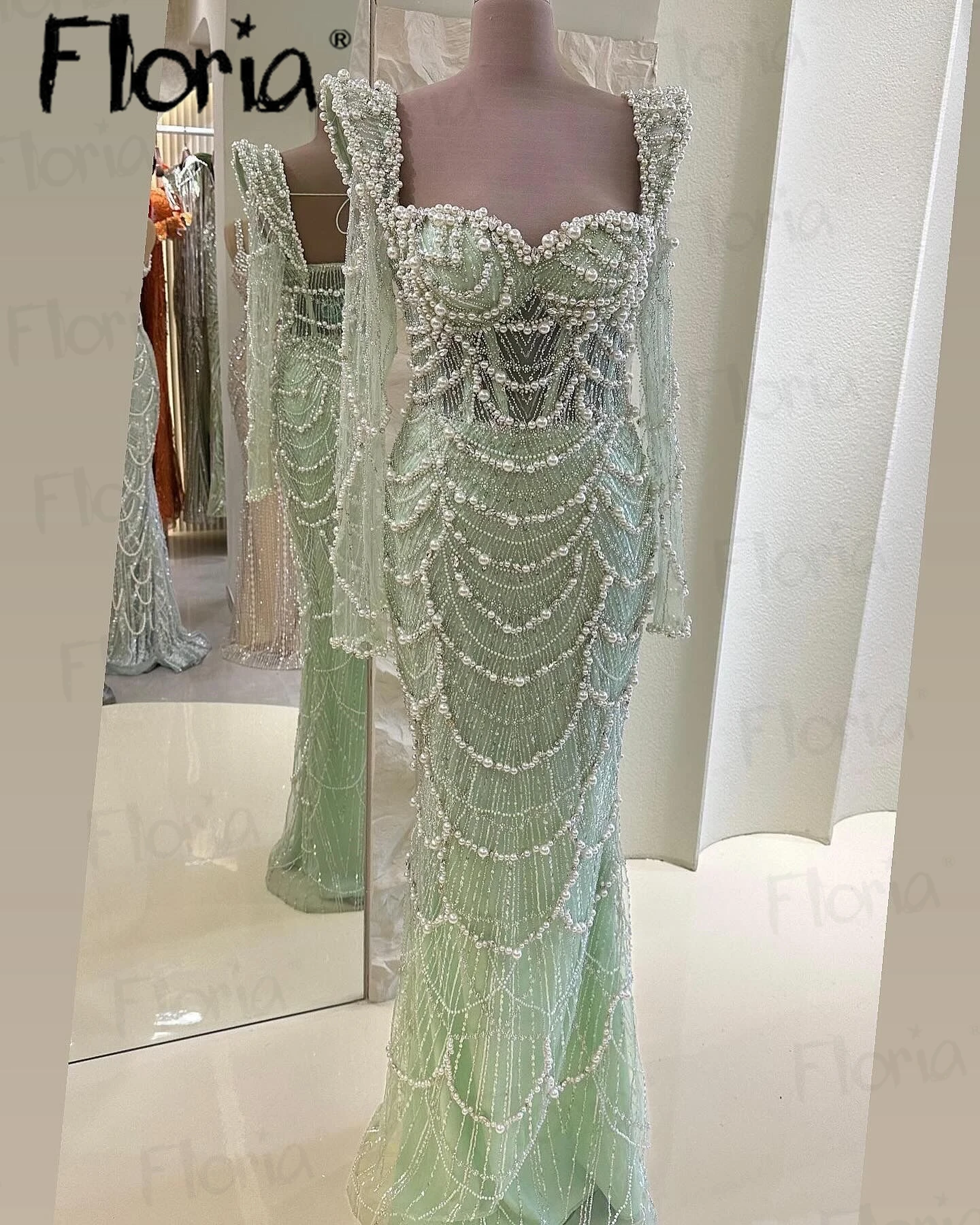 Floria 2024 Mint Green Full Beaded Party Dress Long Sleeve Pearls Wedding Guest Gowns Square Neck Beautiful Robe Soirée Female