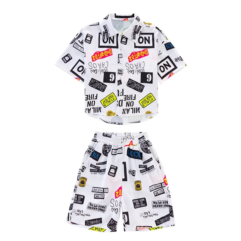 Summer Teenage Boy Clothes Set Children Fashion Single Breasted Short Sleeve Shirt Top and Shorts Bottom 2pcs Suit Beach Wear