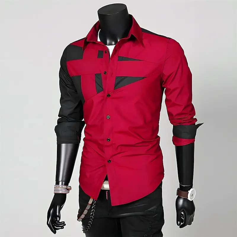 Men's Formal Button Up Shirt Long Sleeve Lapel Shirt Color Block Spring Autumn Wedding Outdoor Clothing Patchwork