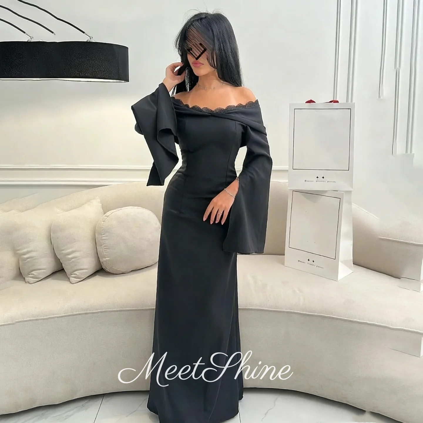 Vintage sirena negro fuera del hombro vestidos de noche simple con llamarada mangas largas satén formal vestido de fiesta de boda personalizado