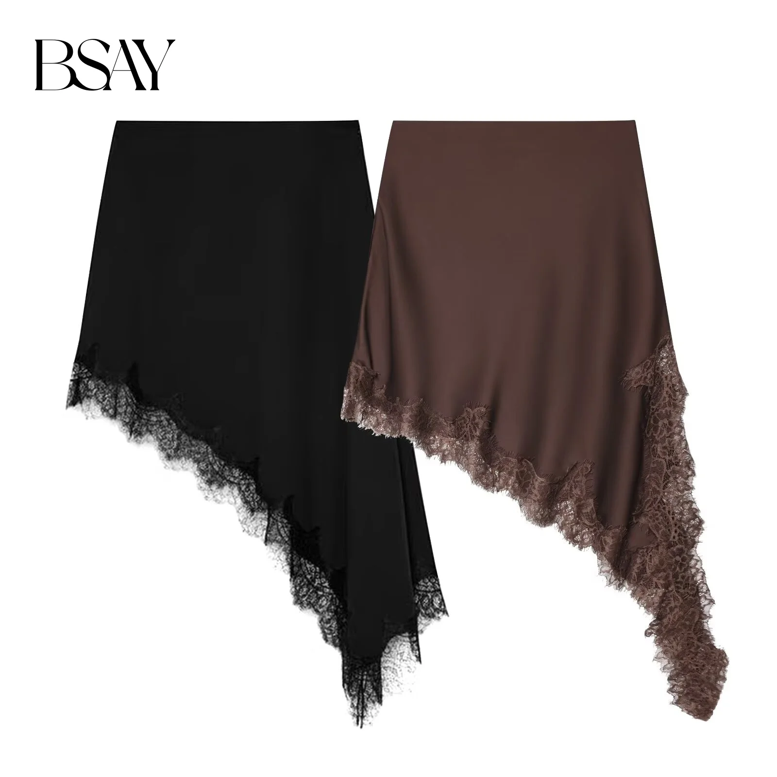 

BSAY Asymmetric Lace Splicing Satin Skirt Women Fashion Autumn Winter New brown Chic Female High Waist Elegant Skirts Mujer