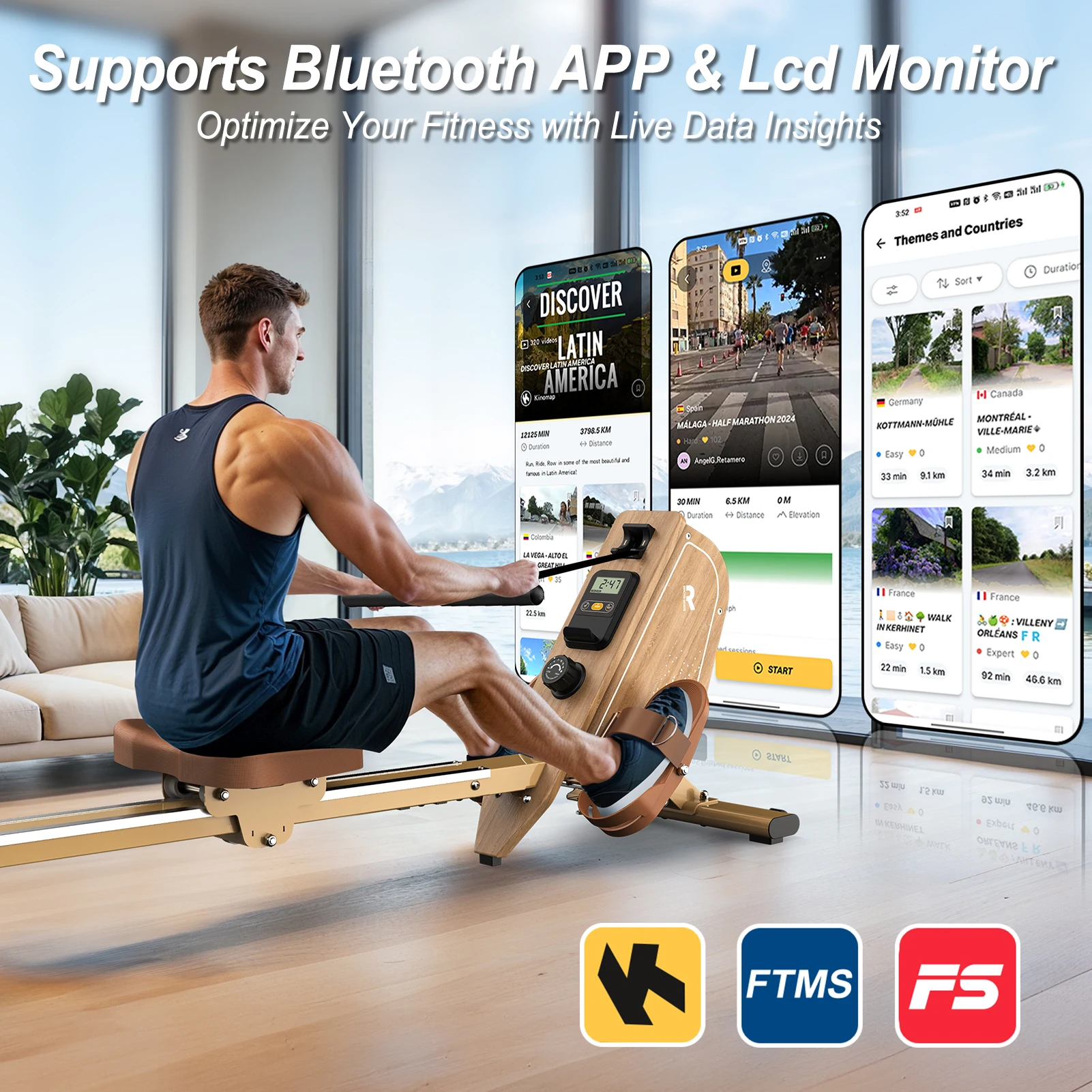 Máquina de remo magnética Fysiq para uso doméstico, con Bluetooth, compatible con Kinomap, 6 niveles de resistencia, capacidad de peso de 150 kg lb, almacenamiento vertical