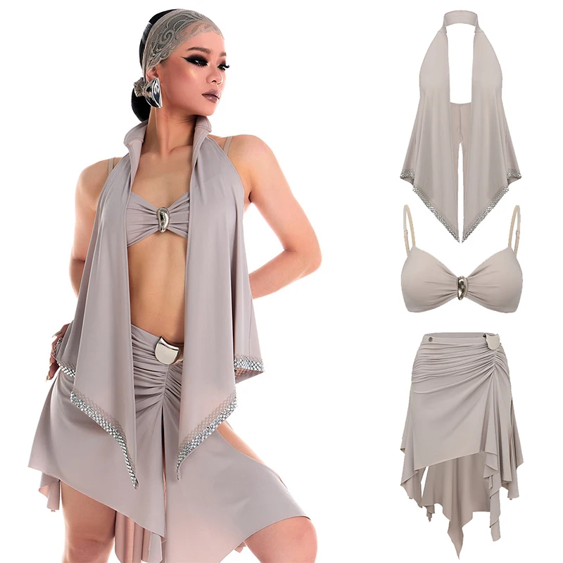 

Female Latin Dance Clothes Sexy Smock Irregular Top Skirt Performance Costumes Chacha Rumba Tango Adult Practice Dress DN23045