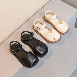 Girls Summer Sandals Toe-covered Anti-kick 2024 Brand New Children Flat Sandals Princess Retro Classic Ins Hot Fashion Soft Chic